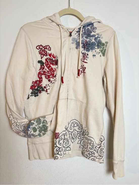 Lucky Brand Tops - LUCKY BRAND Vintage Y2K Asian Embroidered Glitter Dragon Zip Hoodie Jacket L